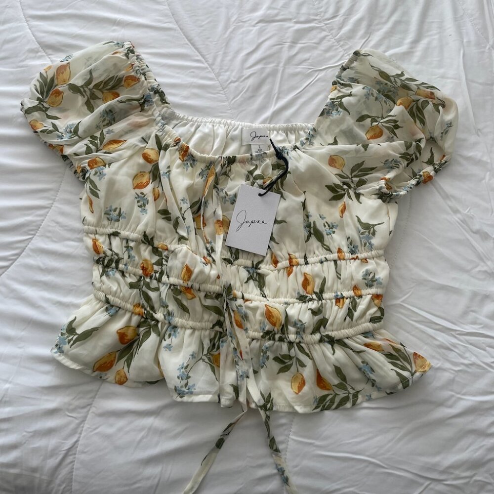 Puff Ruffled Floral Flower Cottage Smocked Girly Summer Spring Crop Blouse Top